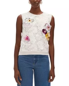 Трикотажная майка из гипюра с цветочным кружевом Oscar de la Renta, белый