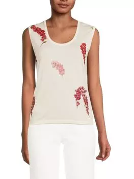 Трикотажная майка из кашемирового шелка с цветочным принтом Giambattista Valli, слоновая кость