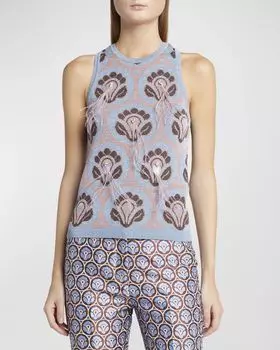 Трикотажная майка-платок с украшением из хрустальных перьев Etro, цвет Print On Pale Blue B