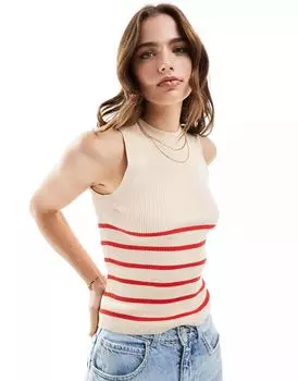 Трикотажная майка в красно-бежевую полоску JDY