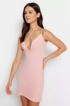 Трикотажная ночная рубашка из хлопка с кордом с пудровым кружевом и завязками Trendyol, розовый