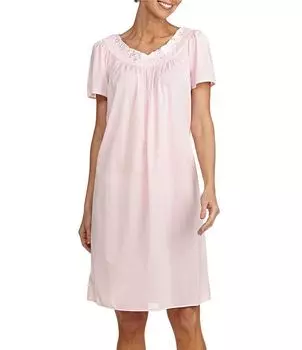 Трикотажная ночная рубашка Miss Elaine с цветочной вышивкой, круглым вырезом и короткими рукавами, розовый