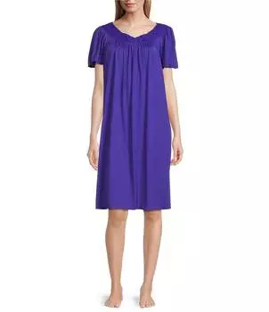 Трикотажная ночная рубашка Miss Elaine с цветочной вышивкой, круглым вырезом и короткими рукавами, синий