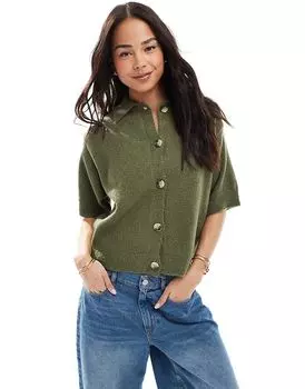 Трикотажная рубашка-кардиган с короткими рукавами цвета хаки ASOS DESIGN