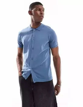 Трикотажная рубашка New Look с короткими рукавами и застежкой на пуговицы синего цвета