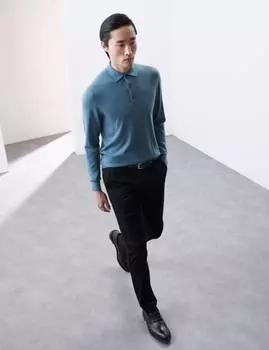 Трикотажная рубашка-поло из чистой мериносовой шерсти экстра-тонкой выделки Autograph, пыльно-голубой