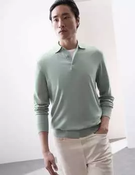Трикотажная рубашка-поло из чистой мериносовой шерсти экстра-тонкой выделки Autograph, светло-зеленый