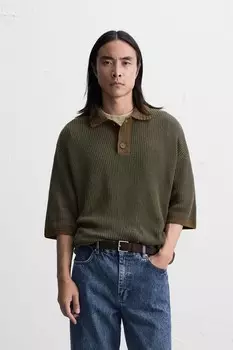 Трикотажная рубашка-поло из хлопка и льна ZARA, темный хаки