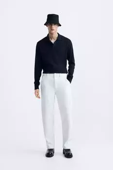 Трикотажная рубашка поло из полумериносовой шерсти ZARA, темно-синий