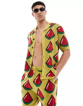 Трикотажная рубашка-поло на пуговицах с арбузным принтом ASOS DESIGN, часть комплекта