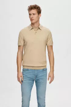 Трикотажная рубашка-поло с короткими рукавами из 100% хлопка Selected, бежевый