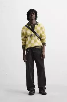 Трикотажная рубашка-поло с текстурой в клетку ZARA, масло