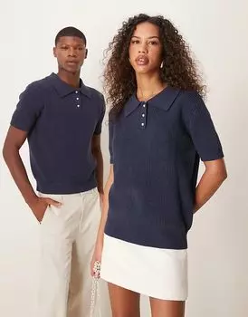 Трикотажная рубашка-поло Sister Jane с жемчужными пуговицами темно-синего цвета