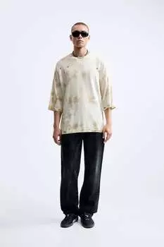 Трикотажная рваная футболка Zara, устричный белый