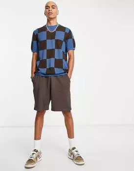 Трикотажная сетчатая футболка в коричнево-синюю клетку ASOS DESIGN