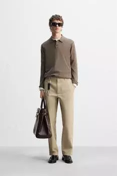 Трикотажная шерстяно-хлопчатобумажная рубашка поло ZARA, цвет Earth