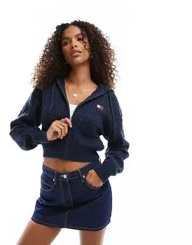 Трикотажная толстовка с капюшоном на молнии с эмблемой в темно-синем цвете Tommy Jeans