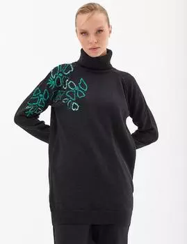 Трикотажная туника с вышивкой на плечах, черная Kayra