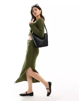 Трикотажная юбка миди цвета хаки с открытой строчкой ASOS DESIGN