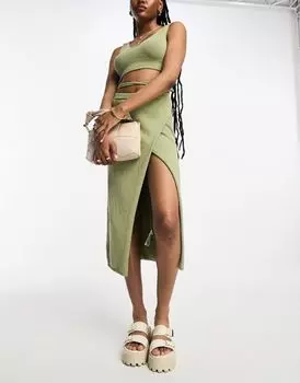 Трикотажная юбка миди с запахом ASOS DESIGN из фактурной пряжи цвета хаки — часть комплекта