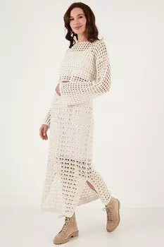 Трикотажная юбка с ажурным разрезом на подкладке 6071577 Lela, экрю