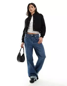 Трикотажная укороченная куртка-бомбер черного цвета New Look