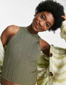 Трикотажная укороченная майка в рубчик цвета хаки Topshop