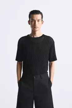 Трикотажная вязанная крючком футболка ZARA, черный