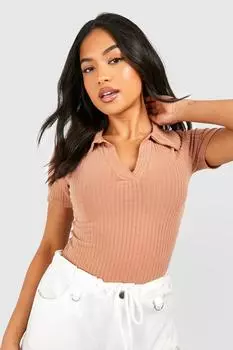 Трикотажное боди petite soft rib с короткими рукавами и воротником поло Boohoo, серо-коричневый