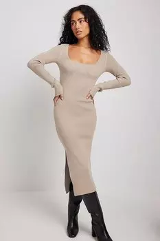 Трикотажное длинное платье каменного цвета с квадратным воротником MG1719 MADMEXT