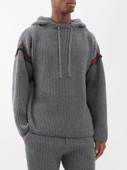 Трикотажное худи из смесовой шерсти с веб-полосками Gucci, серый
