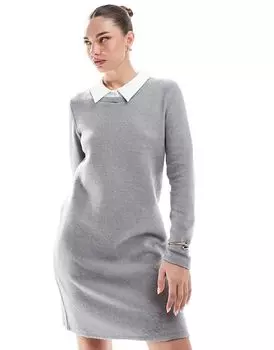 Трикотажное мини-платье 2 в 1 с воротником в цвете средне-серый меланж Vero Moda