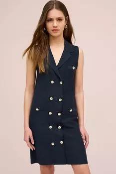 Трикотажное мини платье без рукавов с золотыми пуговицами Next, синий