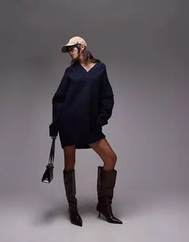 Трикотажное мини-платье большого размера с высоким V-образным вырезом темно-синего цвета Topshop