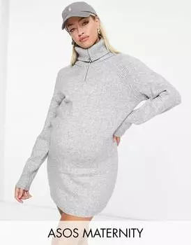 Трикотажное мини-платье мини с воротником на молнии серого меланжевого цвета ASOS DESIGN Maternity