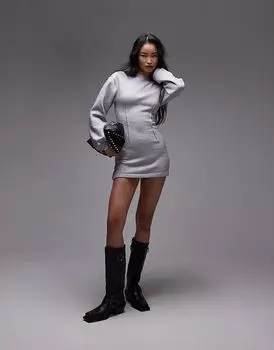 Трикотажное мини-платье с длинными рукавами и застежкой на талию серого цвета Topshop