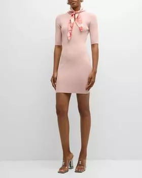 Трикотажное мини-платье с воротником-шарфом и короткими рукавами Versace, цвет Dusty Rose