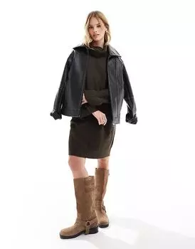 Трикотажное мини-платье с воротником-стойкой шоколадно-коричневого цвета Vero Moda