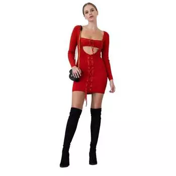 Трикотажное мини-платье с вырезом на бретелях и кружевной отделкой по низу FASHNZFAB, цвет chili