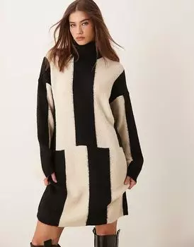 Трикотажное мини-платье с высоким воротом и абстрактным принтом Vila