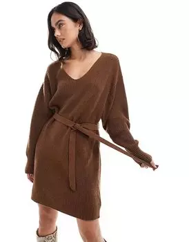 Трикотажное мини-платье с завязками на талии табачно-коричневого цвета Edited