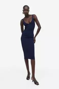 Трикотажное облегающее платье в рубчик H&M, темно-синий