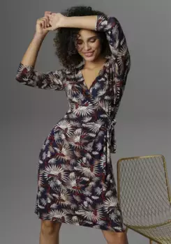 Трикотажное платье Aniston SELECTED с запахом и завязывающимся ремешком, бежевый