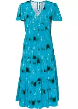 Трикотажное платье длиной до колена с короткими рукавами воланами и карманами Bpc Bonprix Collection, бирюзовый