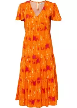 Трикотажное платье длиной до колена с короткими рукавами воланами и карманами Bpc Bonprix Collection, розовый