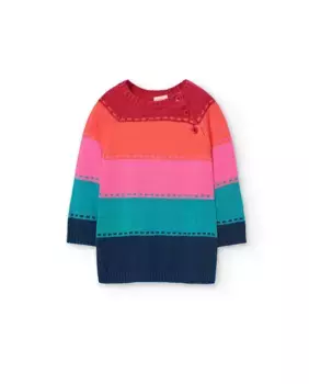 Трикотажное платье для девочки с полосатым принтом и застежкой на шею Boboli, мультиколор