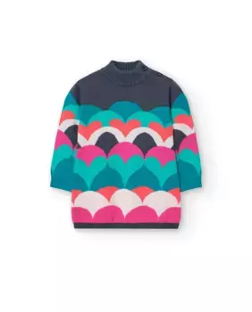 Трикотажное платье для девочки с принтом и пуговицами на воротнике Boboli, мультиколор