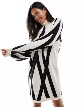 Трикотажное платье-джемпер с высоким воротом в кремовом монопринте Object