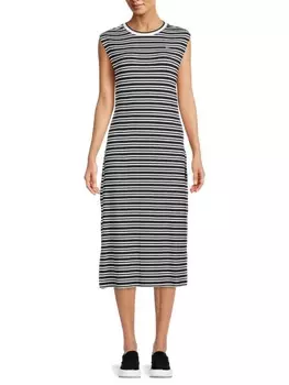 Трикотажное платье-футболка миди Tommy Jeans в рубчик в полоску, чёрный/белый