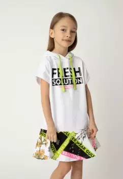 Трикотажное платье Gulliver с капюшоном и цветочным принтом, белый